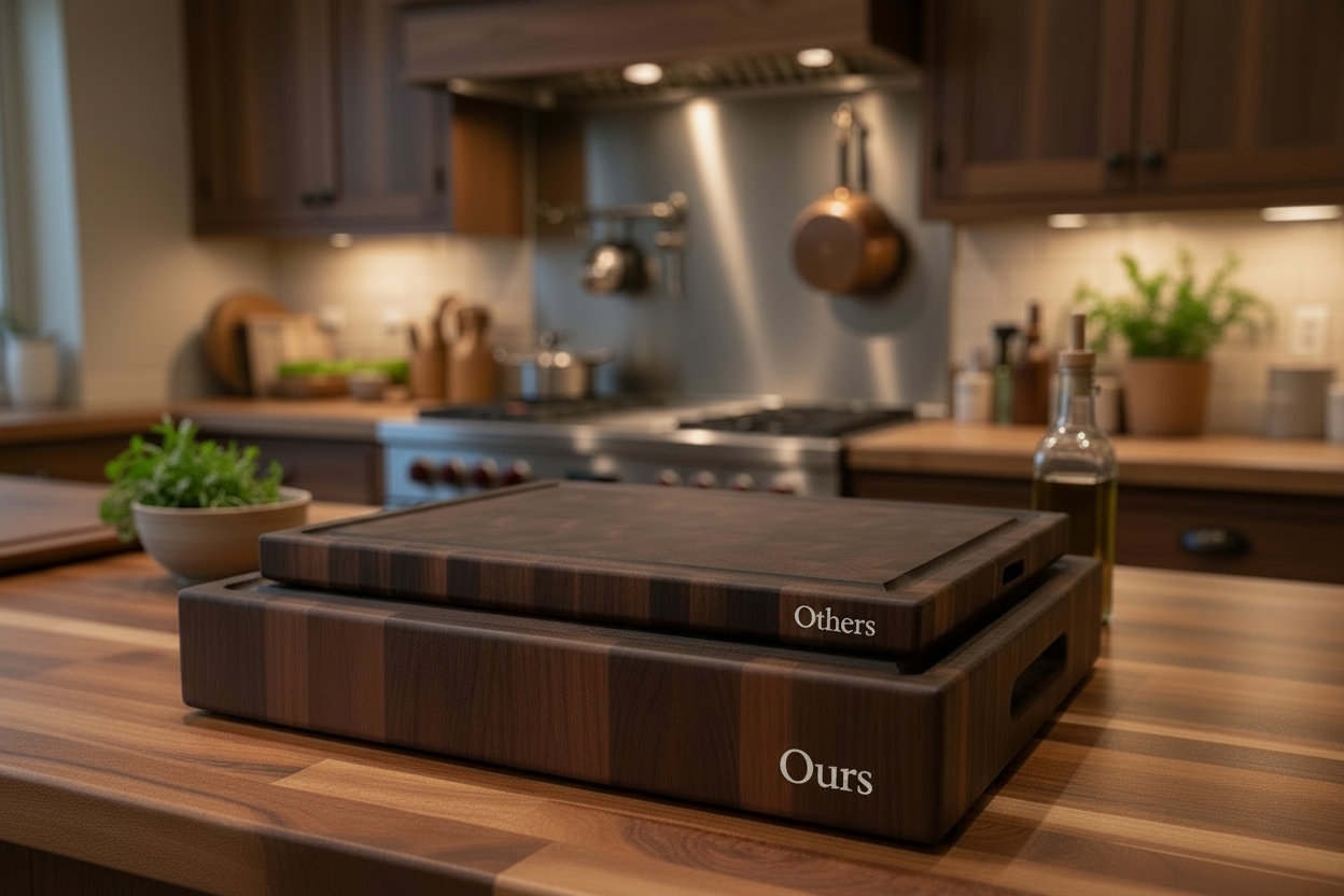 Cutting board thickness comparison - visible white script