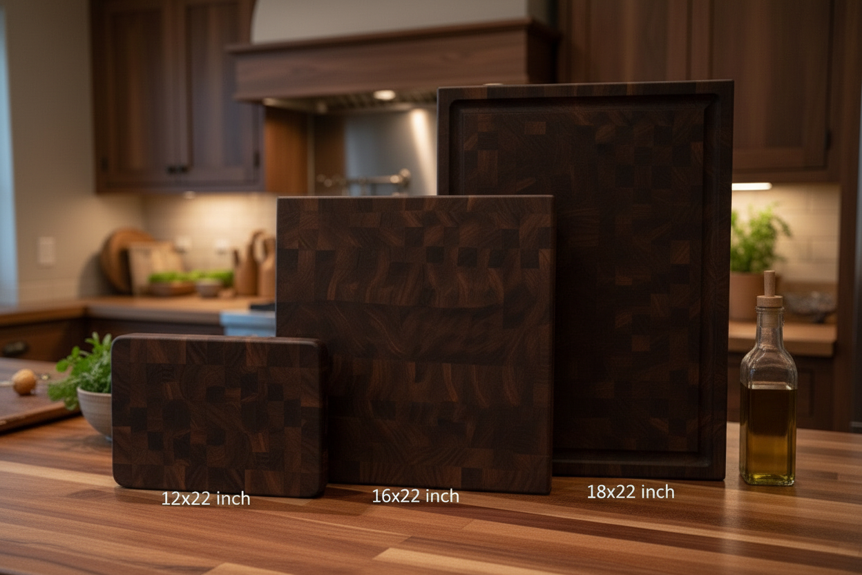Cutting boards standing upright for size comparison
